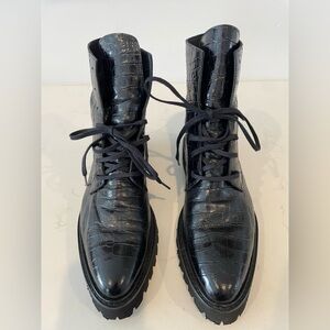 Freda Salvador Women’s Emi Lug Black Crocodile Combat Boots Size 8